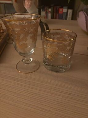 Set of Two Gold Trimmed Glasses - Etched Floral Design